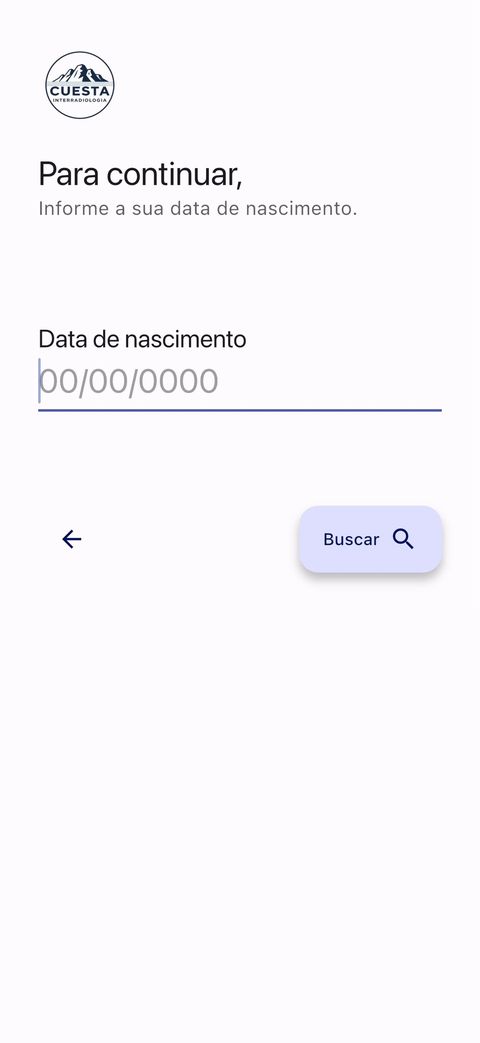 Tela do app pedindo a data de nascimento, com o botão Buscar