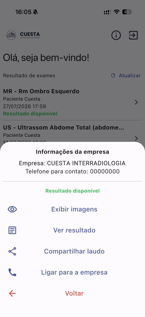 Opções do exame no app: exibir imagens, ver resultado, compartilhar laudo e ligar para a empresa