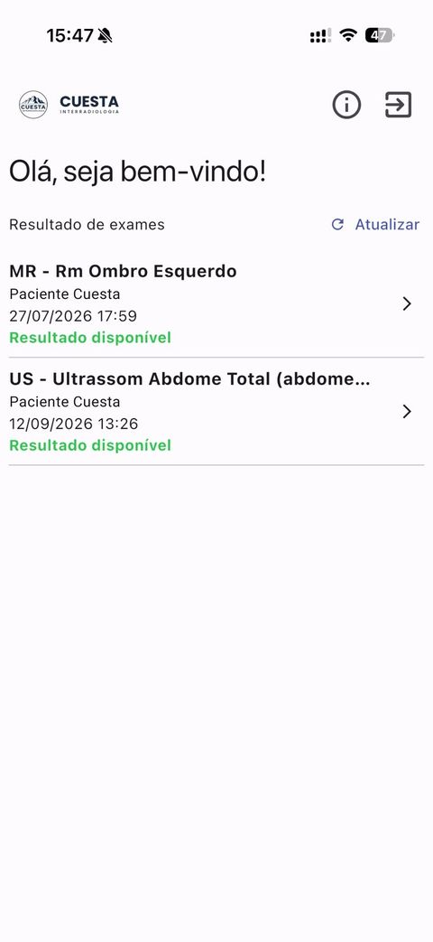 Lista de exames no app com o status Resultado disponível